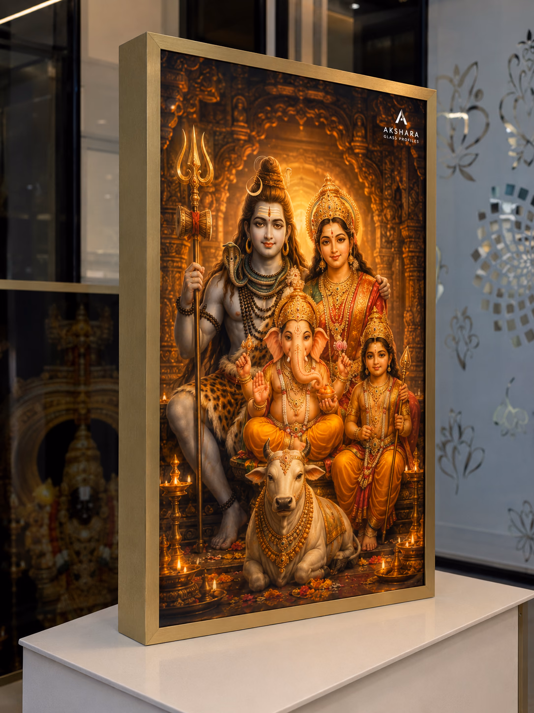Shiva Parivar Golden Temple Blessings Normal LED Digital Glass Frame