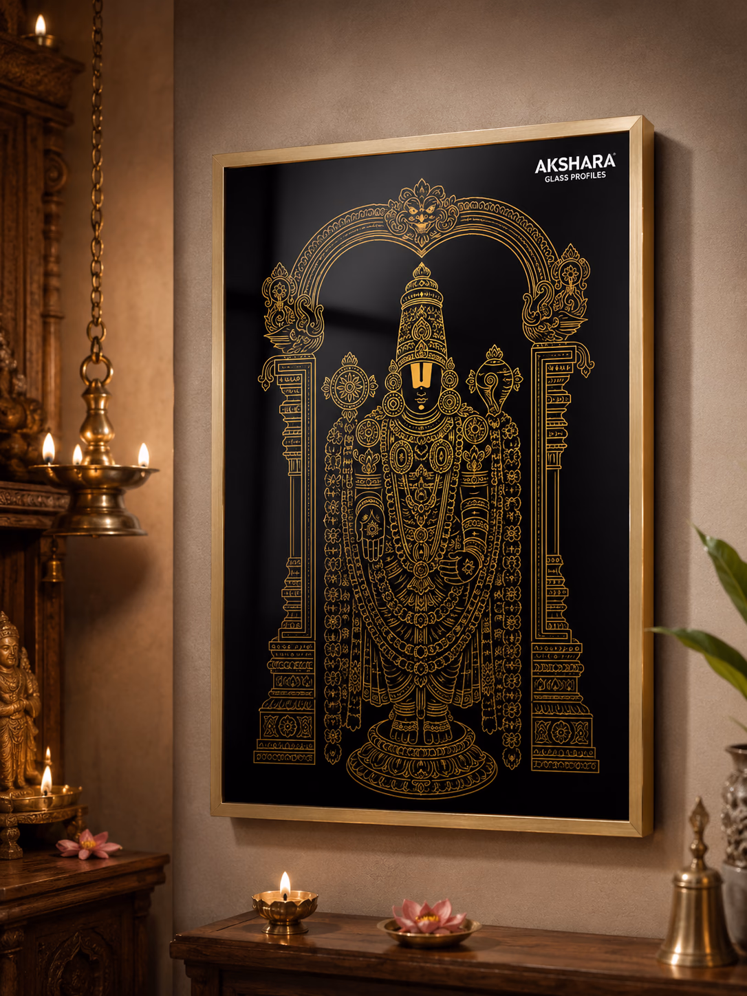 Tirupati Balaji Golden Line Art Normal LED Digital Glass Frame