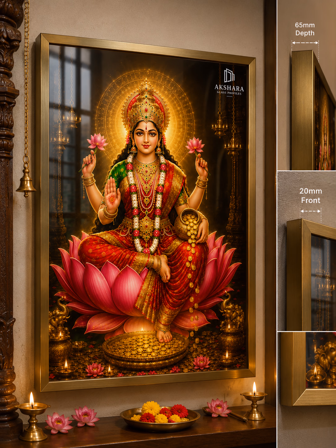 Mahalakshmi Golden Lotus Abundance Normal LED Digital Glass Frame