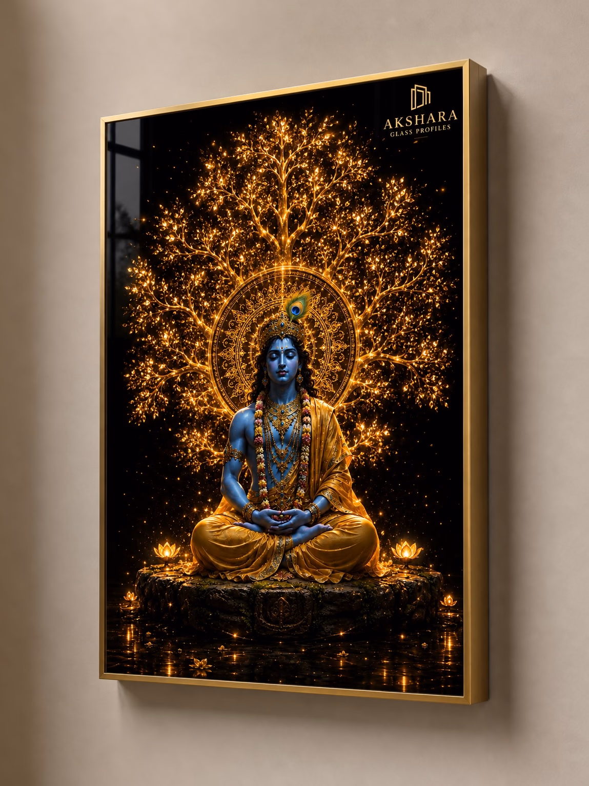 Krishna Golden Tree Meditation Normal LED Digital Glass Frame