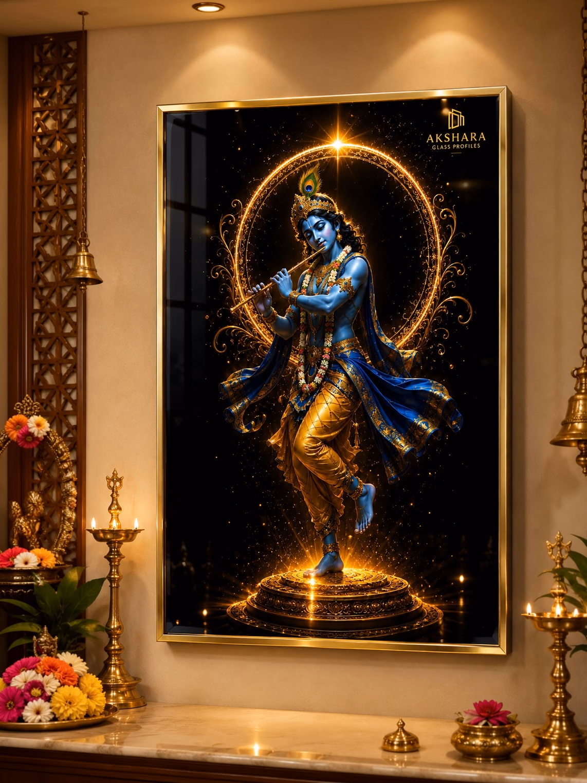 Krishna Golden Flute Dance Normal LED Digital Glass Frame