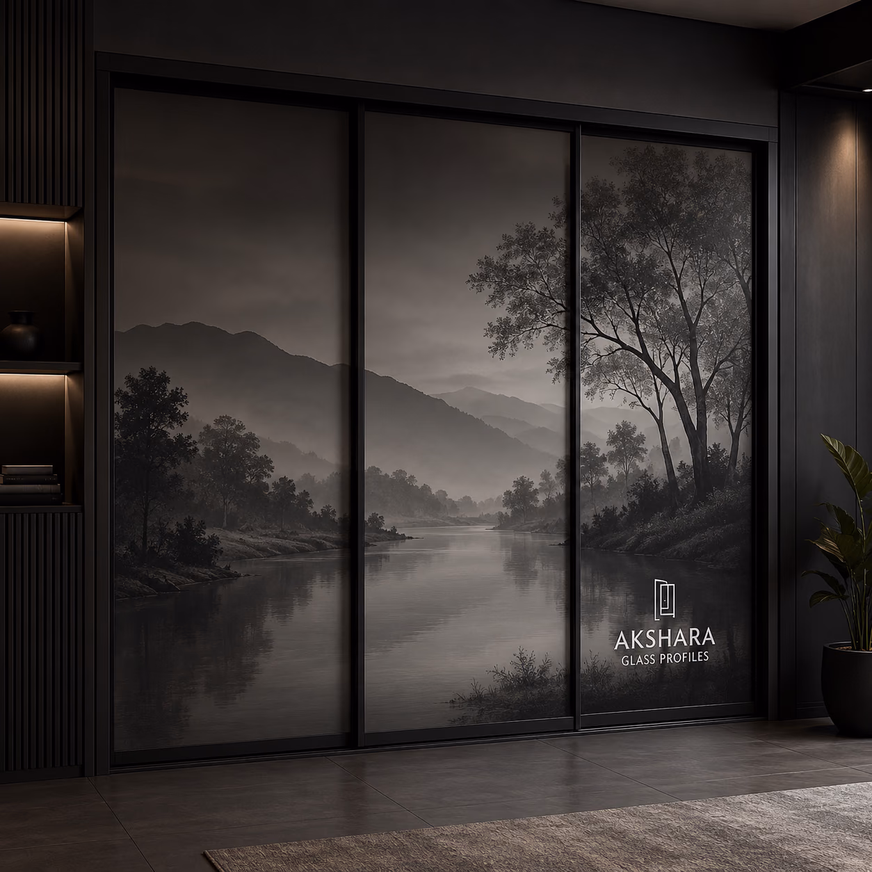 Monochrome Lakeside Serenity 3-Door Sliding Glass Wardrobe