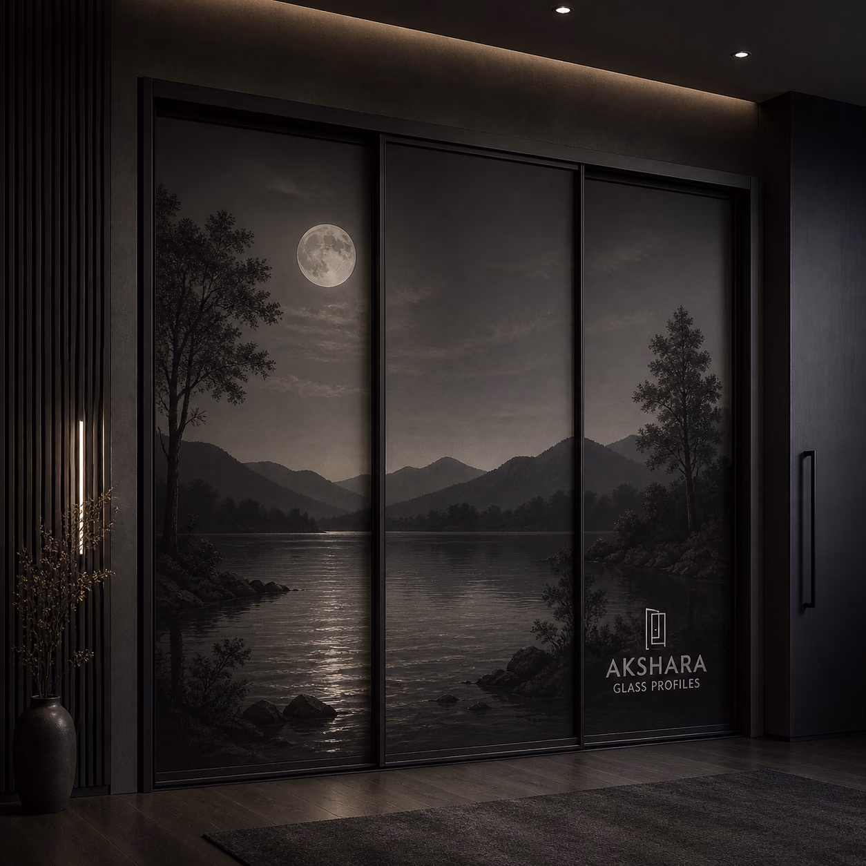 Moonlit Lake Silhouette 3-Door Sliding Glass Wardrobe