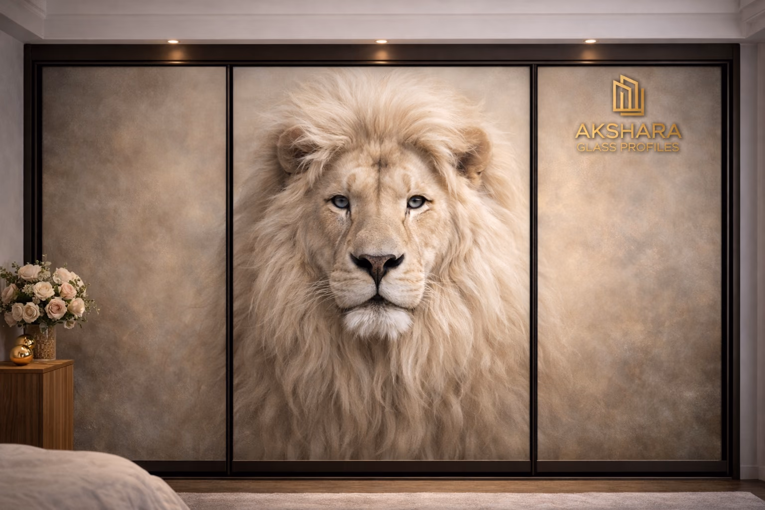 Ivory Lion Portrait 3-Door Sliding Glass Wardrobe
