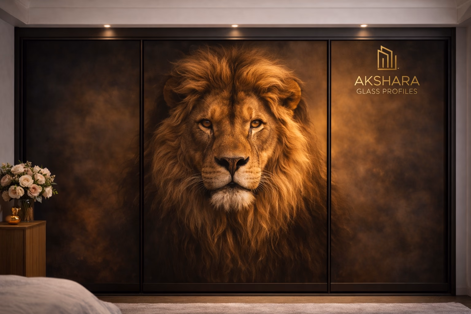 Bronze Lion Portrait 3-Door Sliding Glass Wardrobe