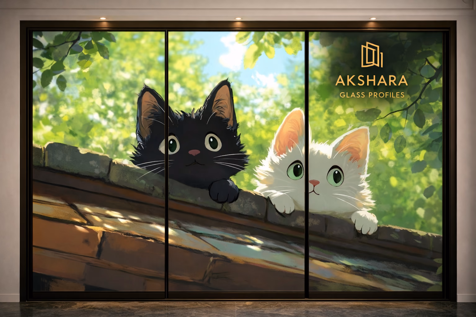 Playful Kitten Window 3-Door Sliding Glass Wardrobe