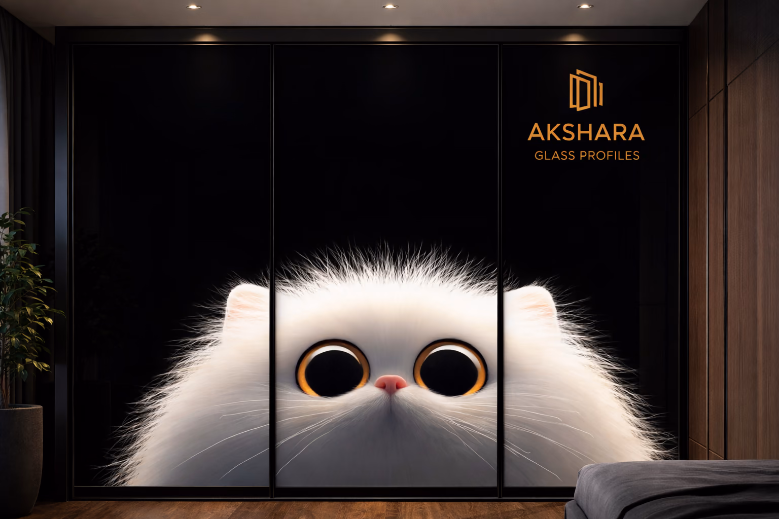 Curious White Cat 3-Door Sliding Glass Wardrobe
