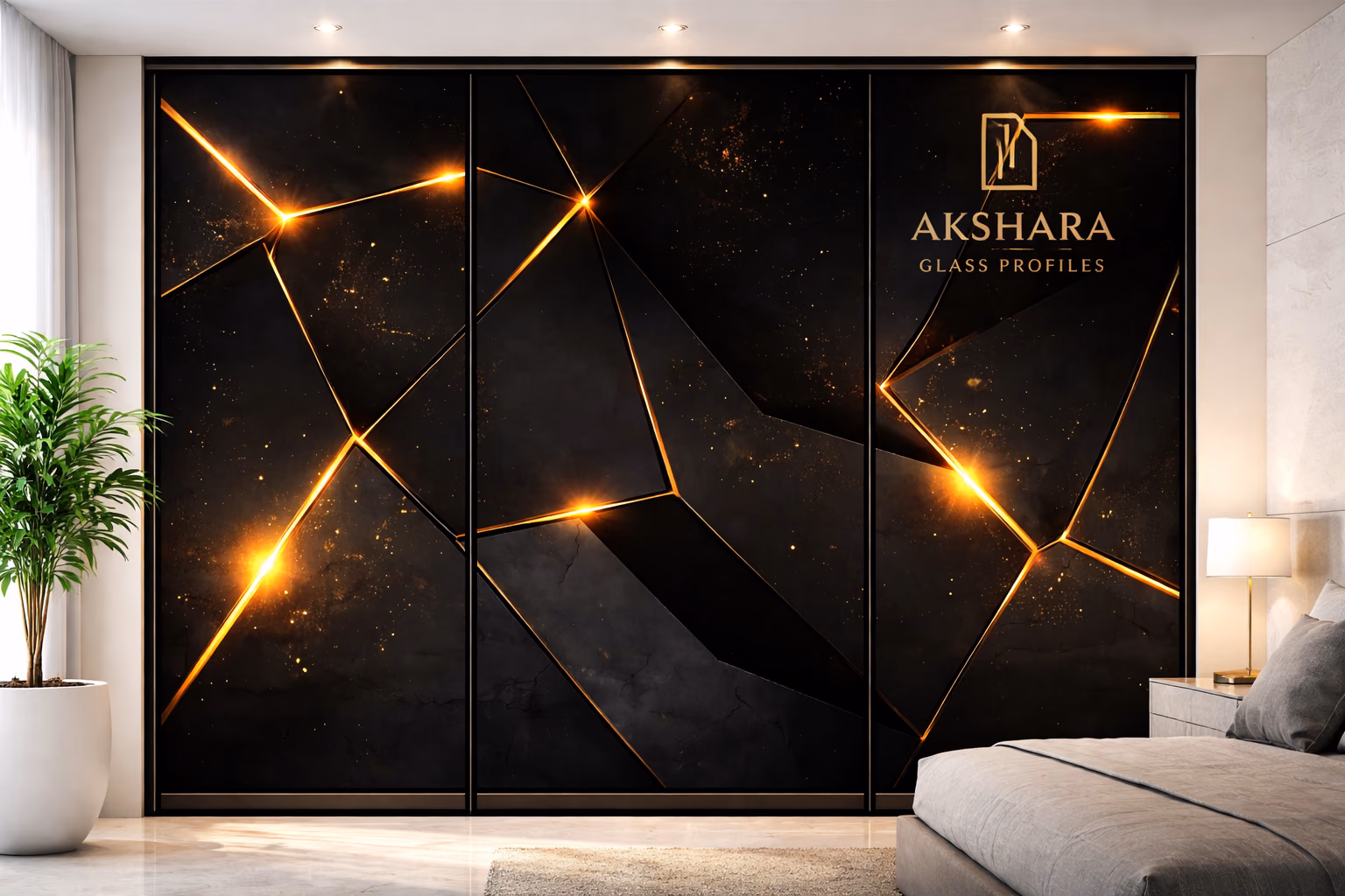 Golden Fracture Noir 3-Door Sliding Glass Wardrobe