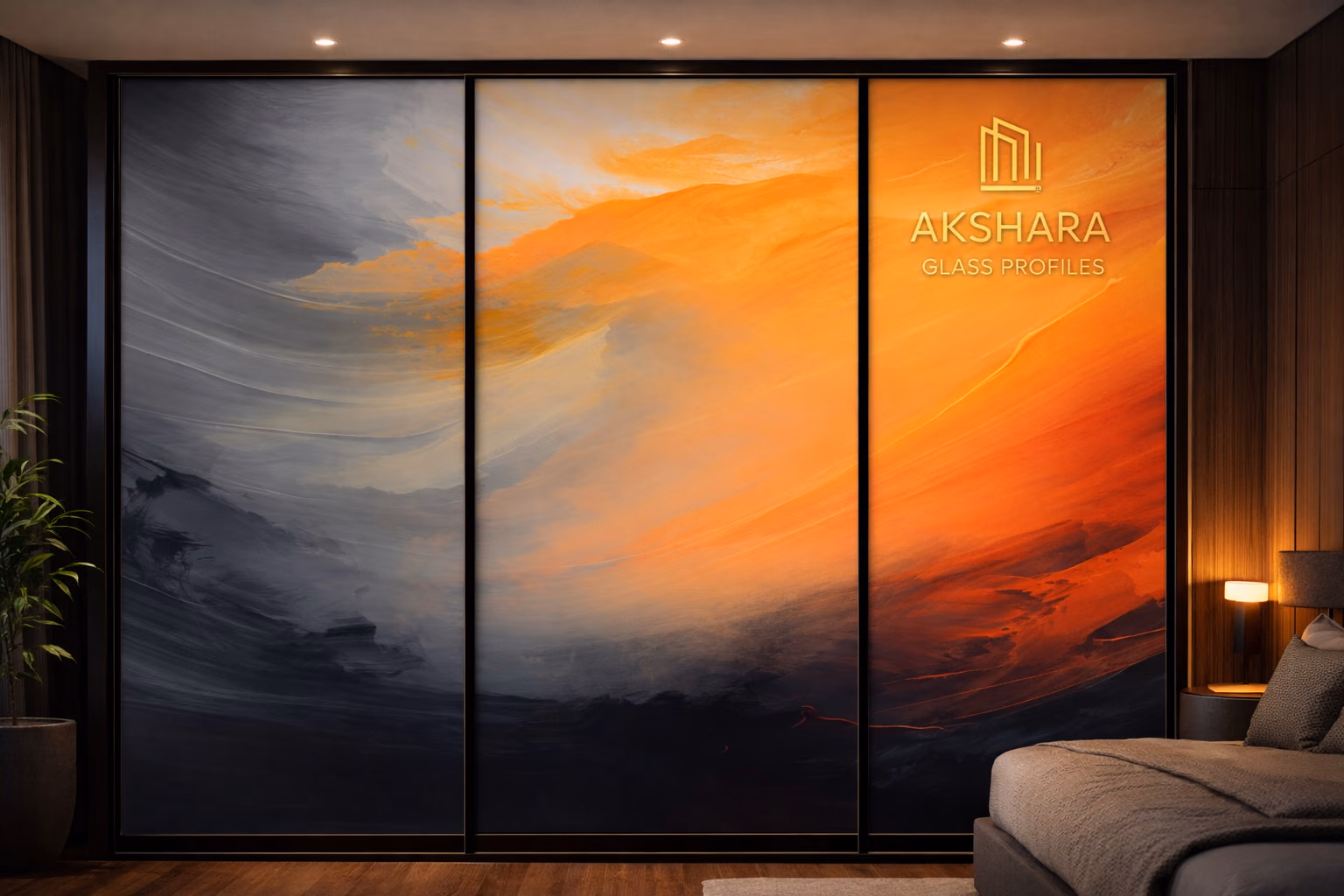 Dawnfire Abstract 3-Door Sliding Glass Wardrobe