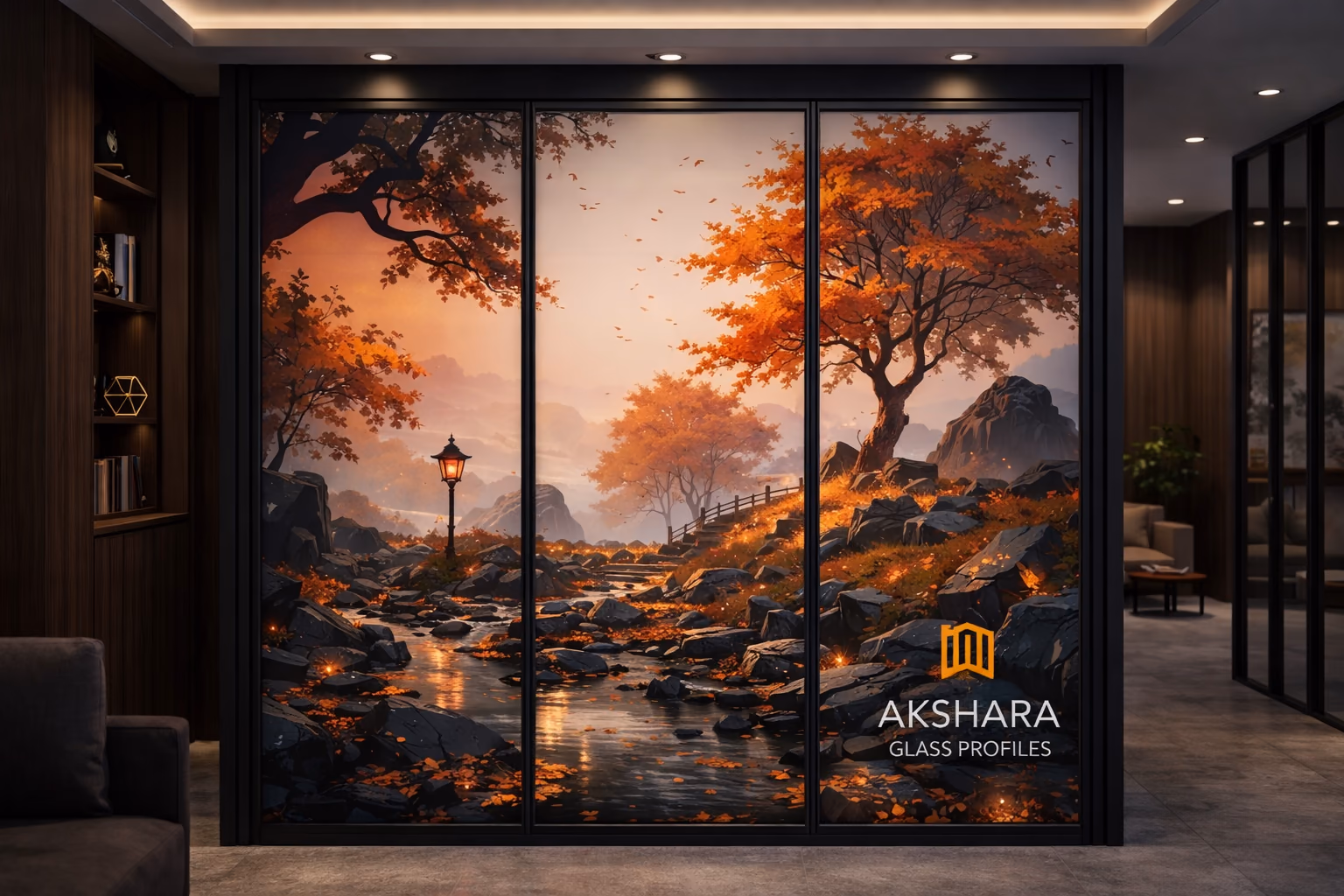 Autumn Riverside Glow 3-Door Sliding Glass Wardrobe